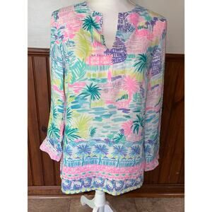 Womens Lilly Pulitzer Ocean Cove 100% Linen Tunic Blouse Top Blue Pink Size XS